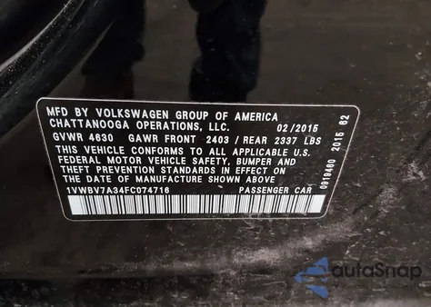 2015 Volkswagen Passat 2.0L Tdi Se из США, поврежденный, VIN 1VWBV7A34FC074716